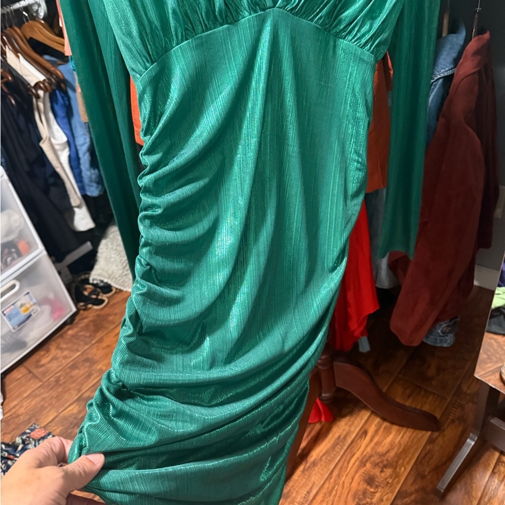 bebe Shimmering Green Long Sleeve Dress